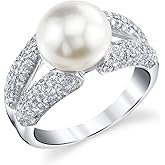 The Pearl Source 9-10mm Genuine White Freshwater Cultured Pearl & Cubic Zirconia Rainbow Ring for Women