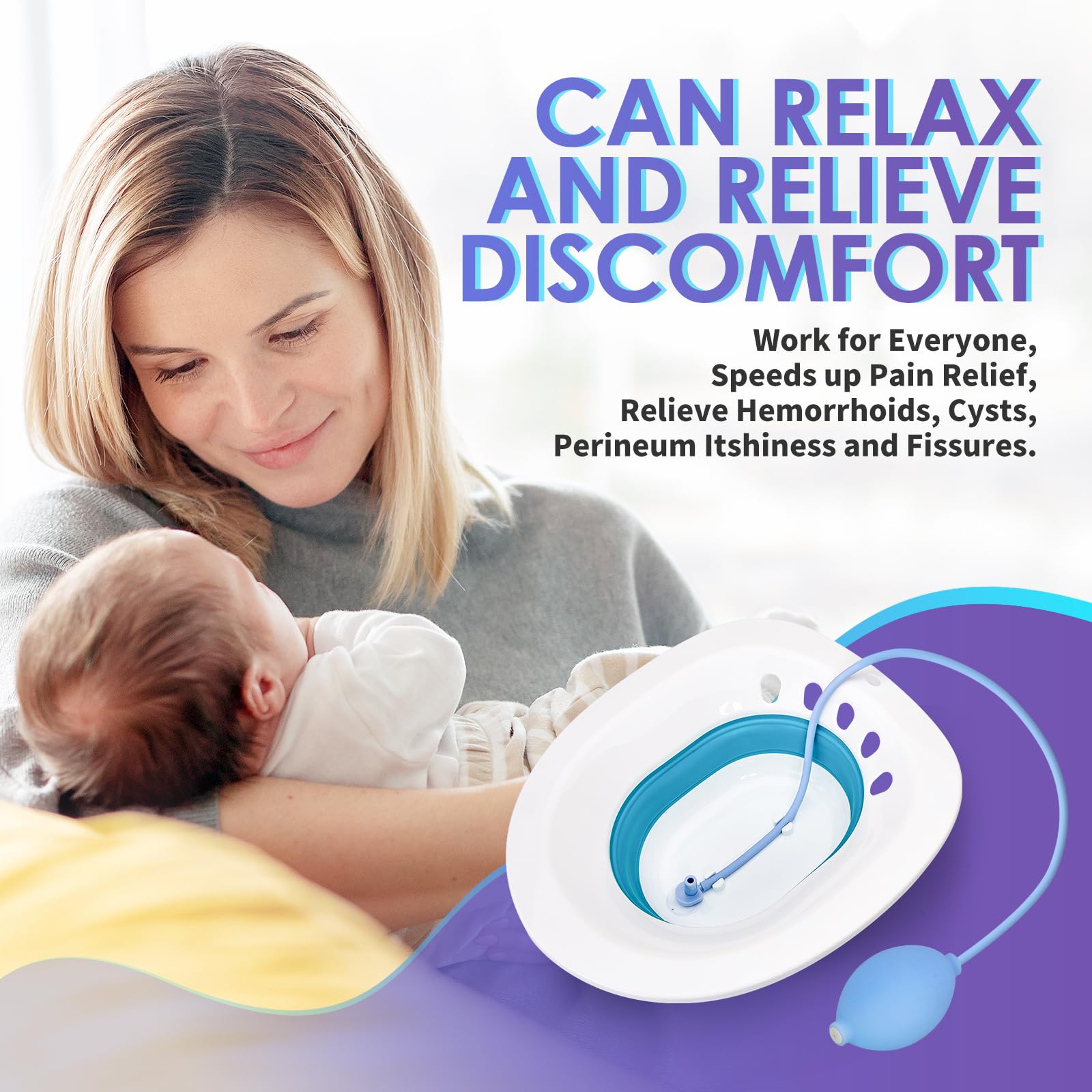 Sitz Bath for Hemorrhoids, Sitz Bath for Toilet Seat, Postpartum Care, Perineum Relief, Sits Bath Kit for Women - Collapsible, Wide Seat, Deeper Bowl - Use w/Sitz Bath Salt