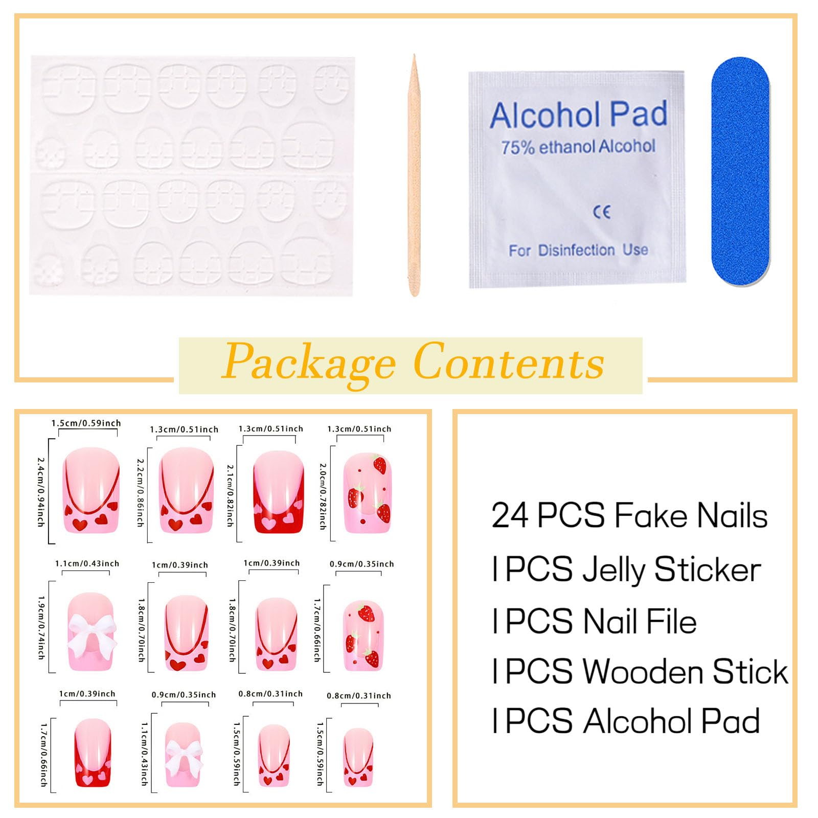 Press on Nails Square Medium Fake Nails with Heart Bow Strawberry Designs Glossy Glue on Nails Pink Red French Tip Acrylic Nails False Nails Stick on Nails for Women 24Pcs - Image 5