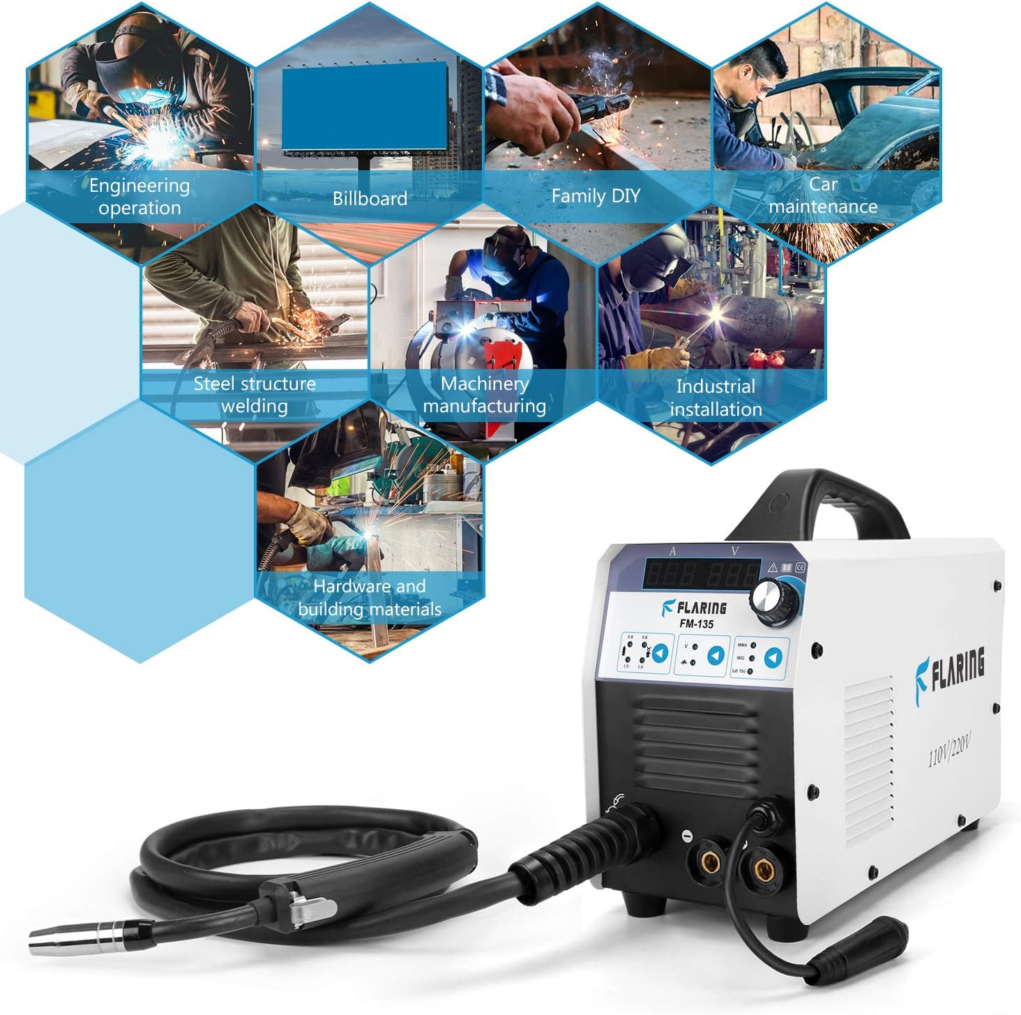 Mig Welder Machine IGBT Flux Core Stick ARC/MMA/LIFT TIG/MIG Welding Machine Inverter AC to DC 110/220V Gas/Gasless Digital Display for Beginner - - 