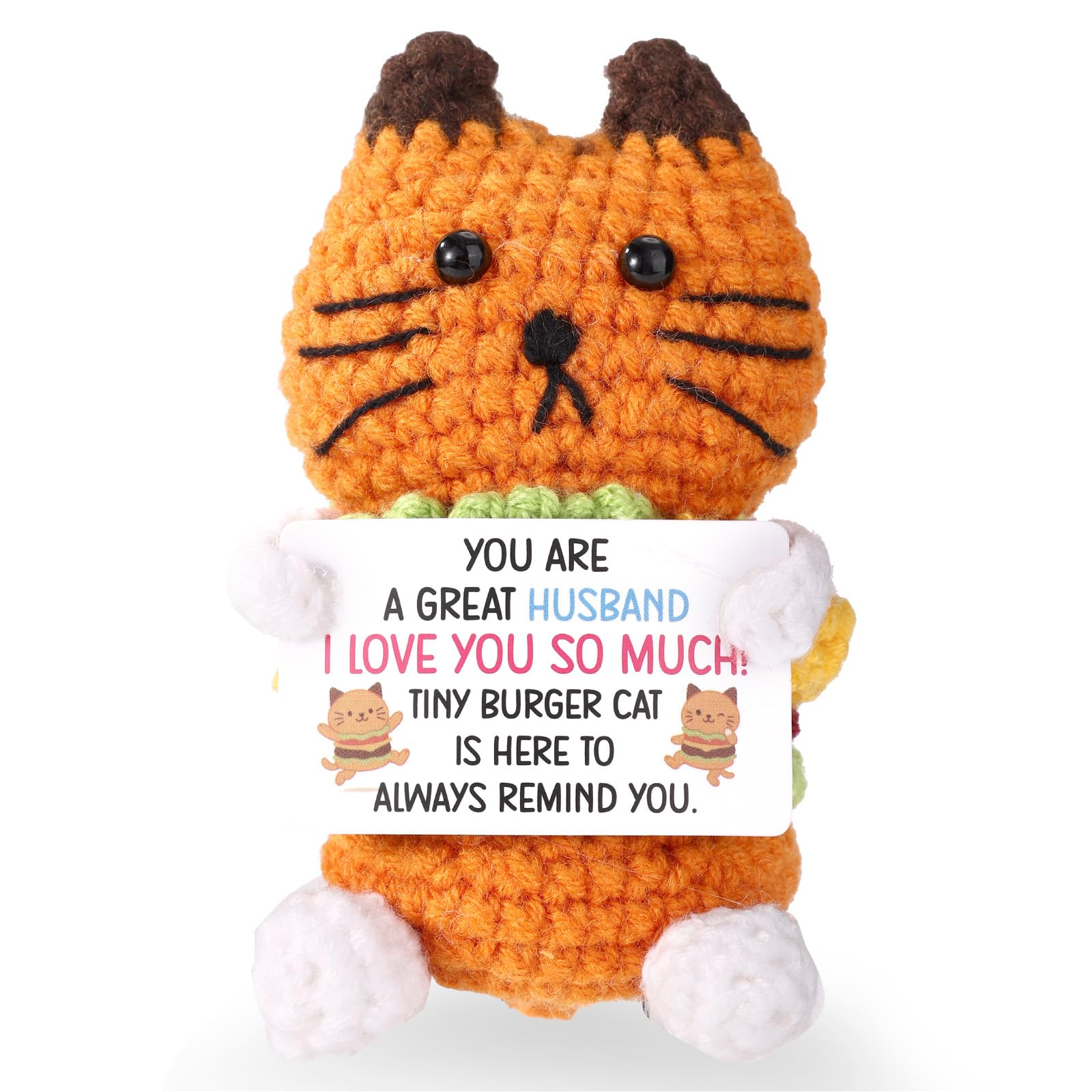 TOYMIS Crochet Hamburger Cat, Positive Handmade Knitted Cat Doll Crochet Motivational Doll with Encouragement Card for Husband Him Men Birthday Anniversaries Gift