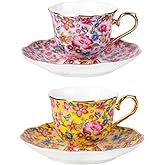 KAMMAK Tea Cups and Saucers Set of 2, Porcelain Coffee Cups with Saucer for Espresso, Cappuccino, 6.3oz Vintage Pink and Yellow Ceramic Novelty Mug for Home, Tea Party, Office