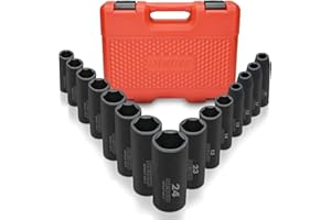 NEIKO 02474A 1/2" Impact Socket Set, 15 Piece Metric Socket Set 10-24 mm, Deep Sockets, 6 Point, 1/2” Drive Sockets for 1/2" Impact Wrench, Chrome Vanadium Cr-V