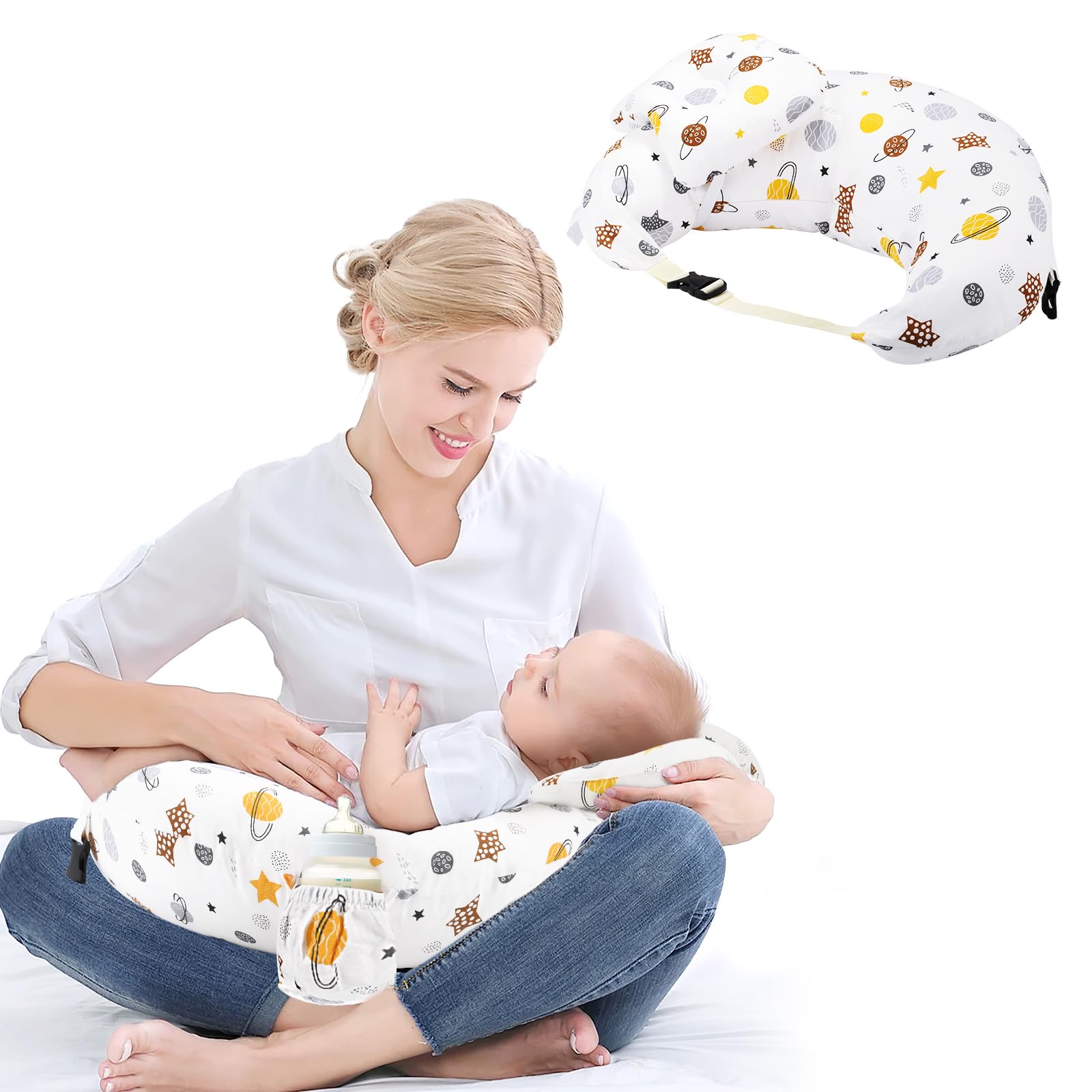 2PCS Breastfeeding Nursing Pillow, Multifunctional Breastfeeding Pillow with Adjustable Waist Belt and Safety Rail and Removable Small Pillow, 100% Cotton Removable Cover, Pregnancy Gift (2PCS-WHITE)