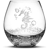 Integrity Bottles Tribal Seahorse Design Stemless Wine Glass, Handmade, Handblown, Hand Etched Gifts, Sand Carved, 18oz (Bubble Smoke)