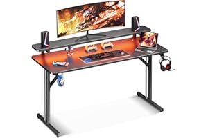 MOTPK Gaming Desk with LED Lights, Computer Desk 47 Inch Gaming Table with Monitor Shelf, PC Gaming Desk Gamer Desk with Carbon Fiber Texture, Kids Boys Desk Gift for Men