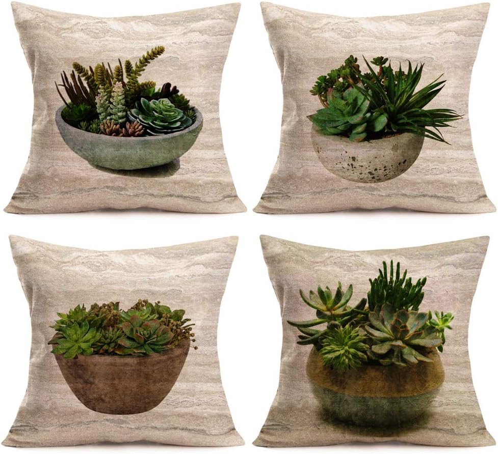 Aremazing 4Pack Decorative Throw Pillow Covers Succulent Potted Plant Cotton Linen Square Pillowcases Gardening Bonsai Decorative Cushion Cover Pillow Case for Outdoor 18x18 Inch