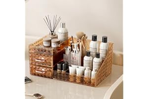 KQJS Clear Makeup Organizer for Vanity,Desk Makeup Caddy With Drawers for Cosmetics,Lipsticks Nail Care Skincare Jewelry Countertop Organizers,Cosmetic Display Cases for Bathroom, Dresser (Amber)