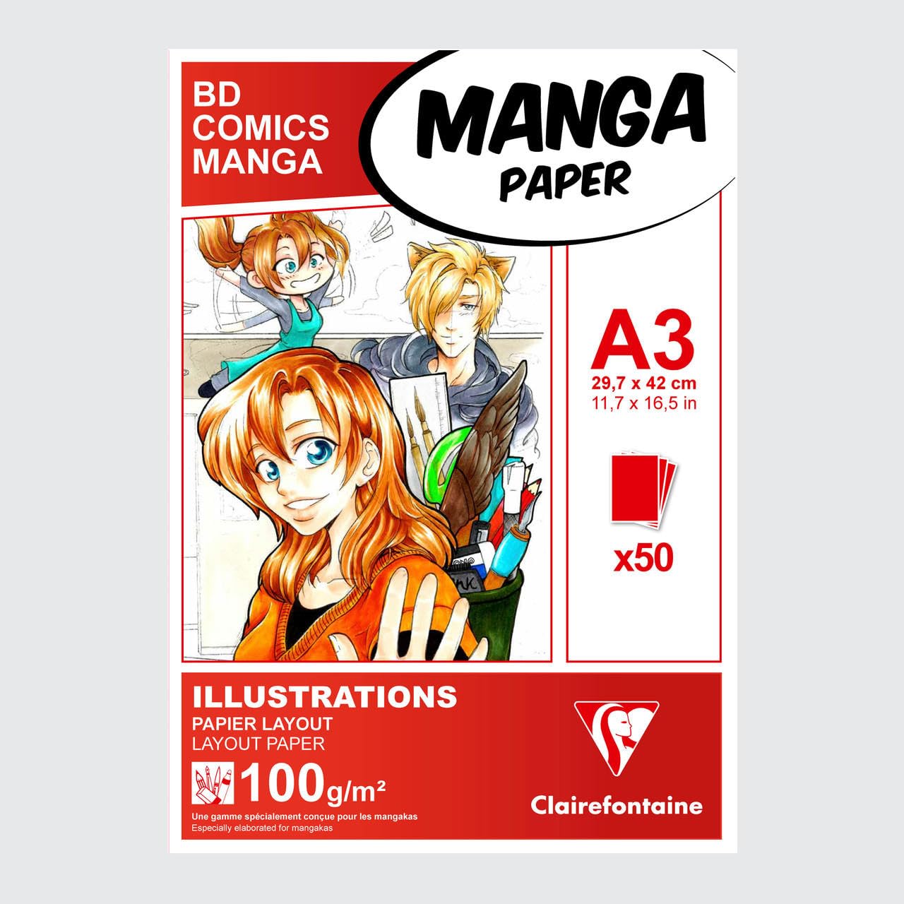 Clairefontaine - Ref 94043C - Manga Layout Paper For Colouring Glued Pad (50 Sheets) - A3 (420 x 297mm) Size, 100gsm Paper, White & Smooth, Ideal for Markers, Bleedproof