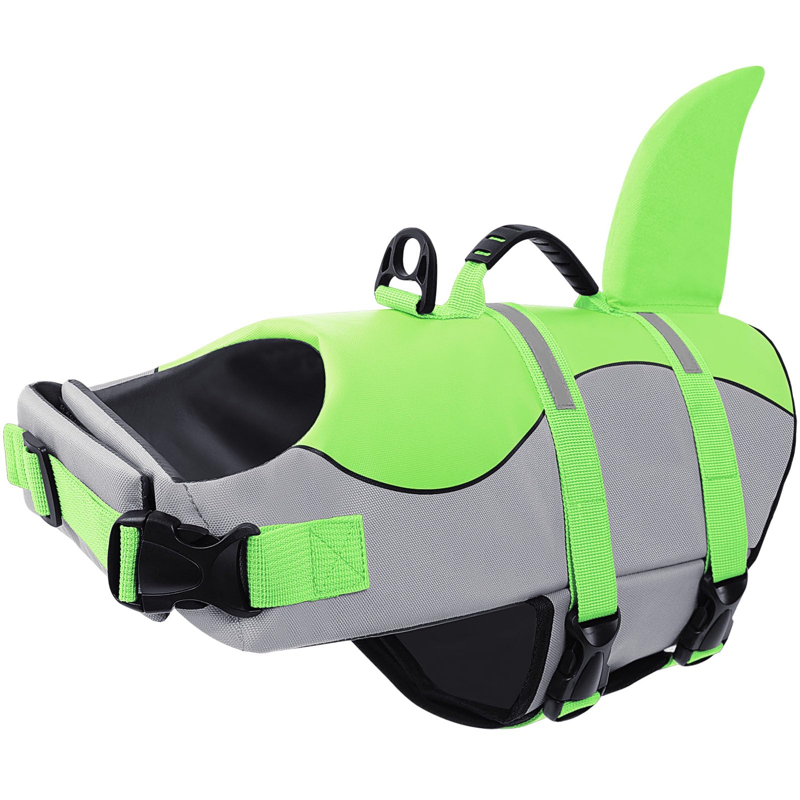 CITÉTOILE Dog Life Jacket Shark Costume, Puppy Safety Vest for Swimming Pool Beach Boating, Training Flotation Vest with Rescue Handle & Reflective Strips for Dogs, Green, XS