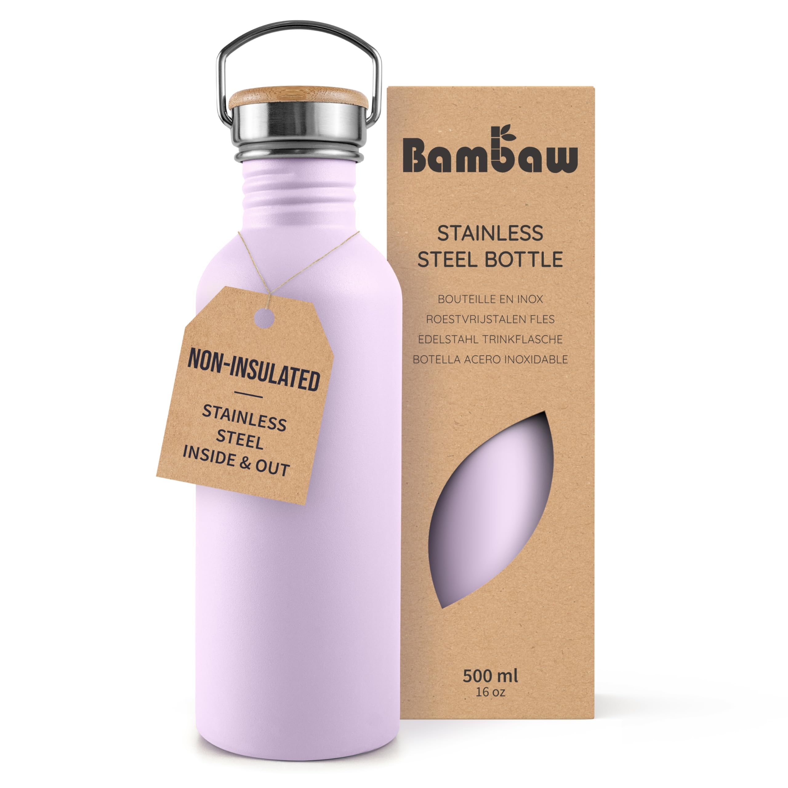 Bambaw Water Bottle 500 ml Stainless Steel, Non-Insulated Drinking Bottle, Purple, Drinking Bottle without BPA, Metal Bottle Children - Lilac Purple