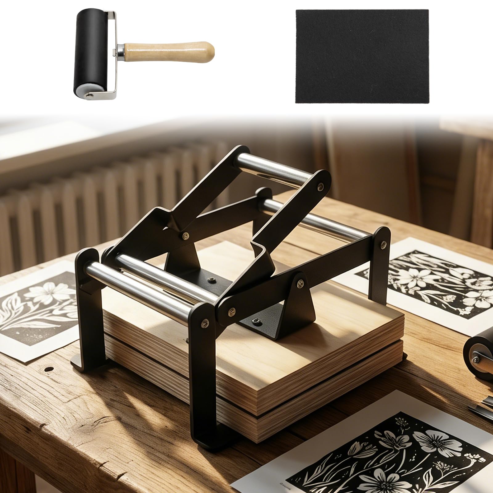 Photo 1 of A4 Linocut Printing Hand Lever Press Machine, Linocut Press Machine with Rubber Roller & Felt Pad, Fit for Linocut Printing, Woodcut Printing, Letterpress, Rubber, Cardboard, Cork Printing