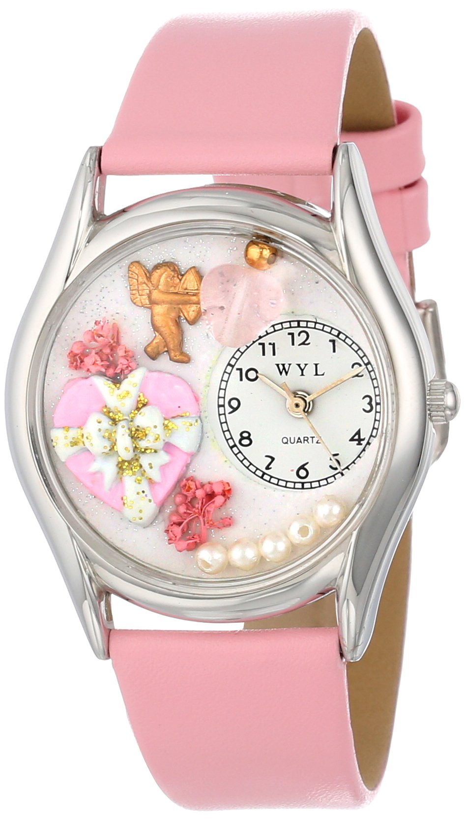 Whimsical Watches Valentine's Day Pink Leather and Silvertone Unisex Quartz Watch with White Dial Analogue Display and Multicolour Leather Strap S-1220013