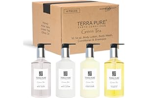 1-Shoppe Terra Pure Ecobox All-In-Kit | Green Tea Soap | 1 Shampoo, 1 Conditioner, 1 Body Lotion & 1 Body Wash | 10.14oz Hotel Soaps and Toiletries Bulk | Personal Care Products
