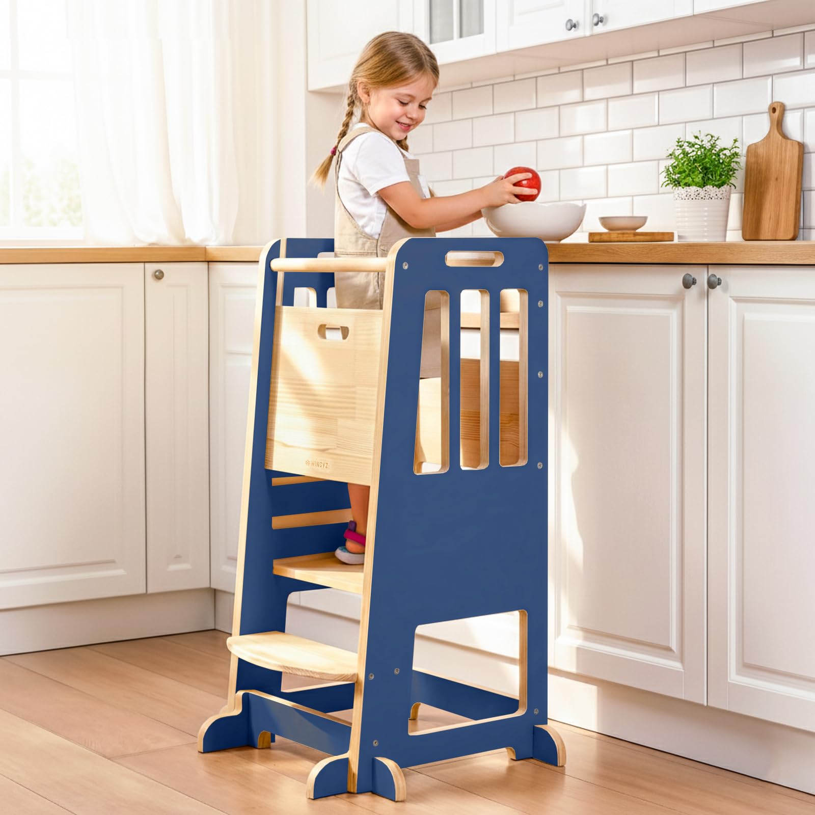 WINGYZ Toddler Tower - Anti-Tip Natural Wood Learning Stool for Kids 18M-6Y, 150lb Capacity Kitchen Helper Stool with 3-Height Adjustable Platform and Sliding Door Access, 20lb Portable Design, DK BLU