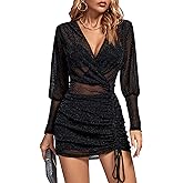 Rooscier Women's Sheer Mesh Glitter Wrap V Neck Long Sleeve Ruched Drawstring Bodycon Mini Dress