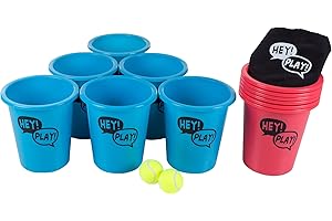 Hey! Play! Large Beer Pong Outdoor Game Set for Kids & Adults with 12 Buckets, 2 Balls, Tote Bag