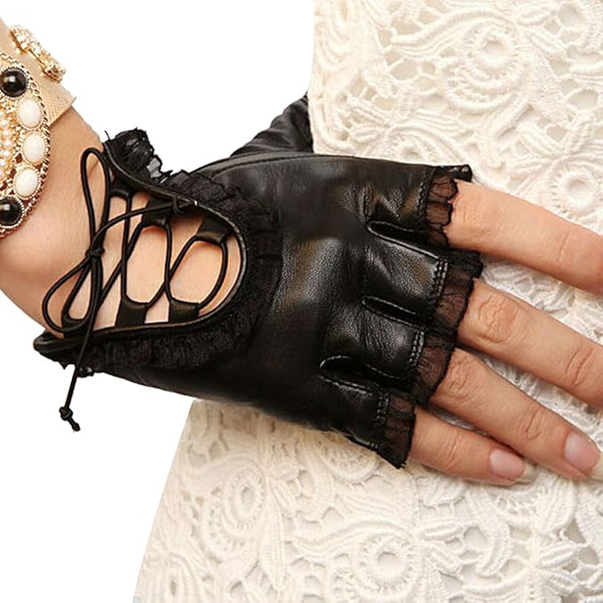 Womens Lace Fingerless Gloves PU Leather Cosplay Costume Party Black S