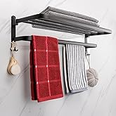 TocTen Towel Rack for Bathroom, Foldable Towel Holder with Double Towel Bars, Wall Mounted SUS304 Stainless Steel Bathroom Tower Shelf, Space-Saving Towel Hanger for Bathroom, Lavatory (Black,24 in)
