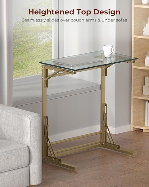 TATUB 24″ FOLDING TV TRAY TABLE SET OF 2, GLASS C SHAPED END TABLE FOR COUCH, SMALL SOFA-SIDE LAPTOP DESK WITH GOLD METAL FRAME FOR LIVING ROOM, BEDROOM, BEDSIDE
