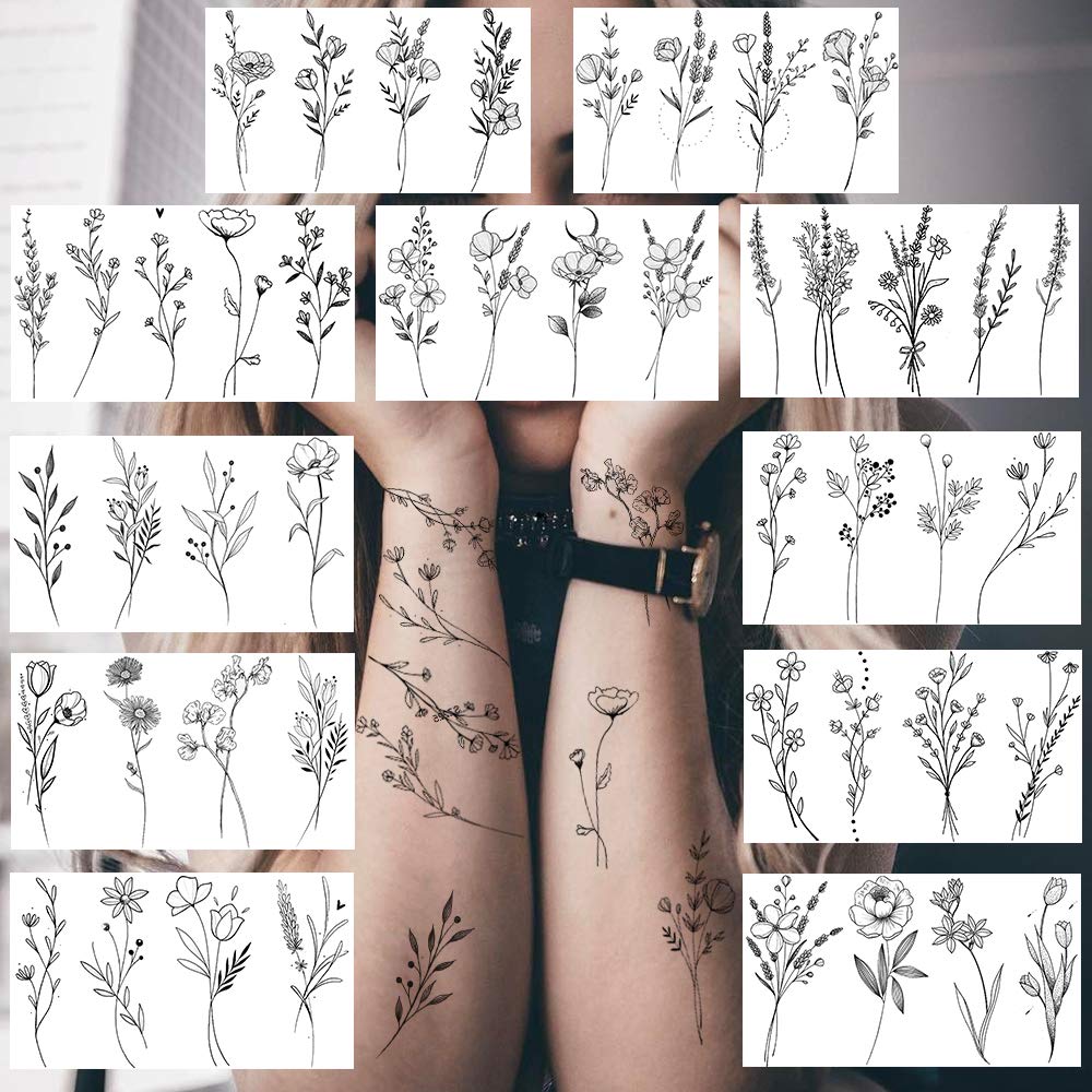 FANRUI 15 Sheets FANRUI Sexy Tiny Branch Black Flower Temporary Tattoos For Women Girl Neck Realistic Floral Bouquet Small Tattoo Temporary Lavender Fake Tattoo Sticker For Adults Face Hands Kit