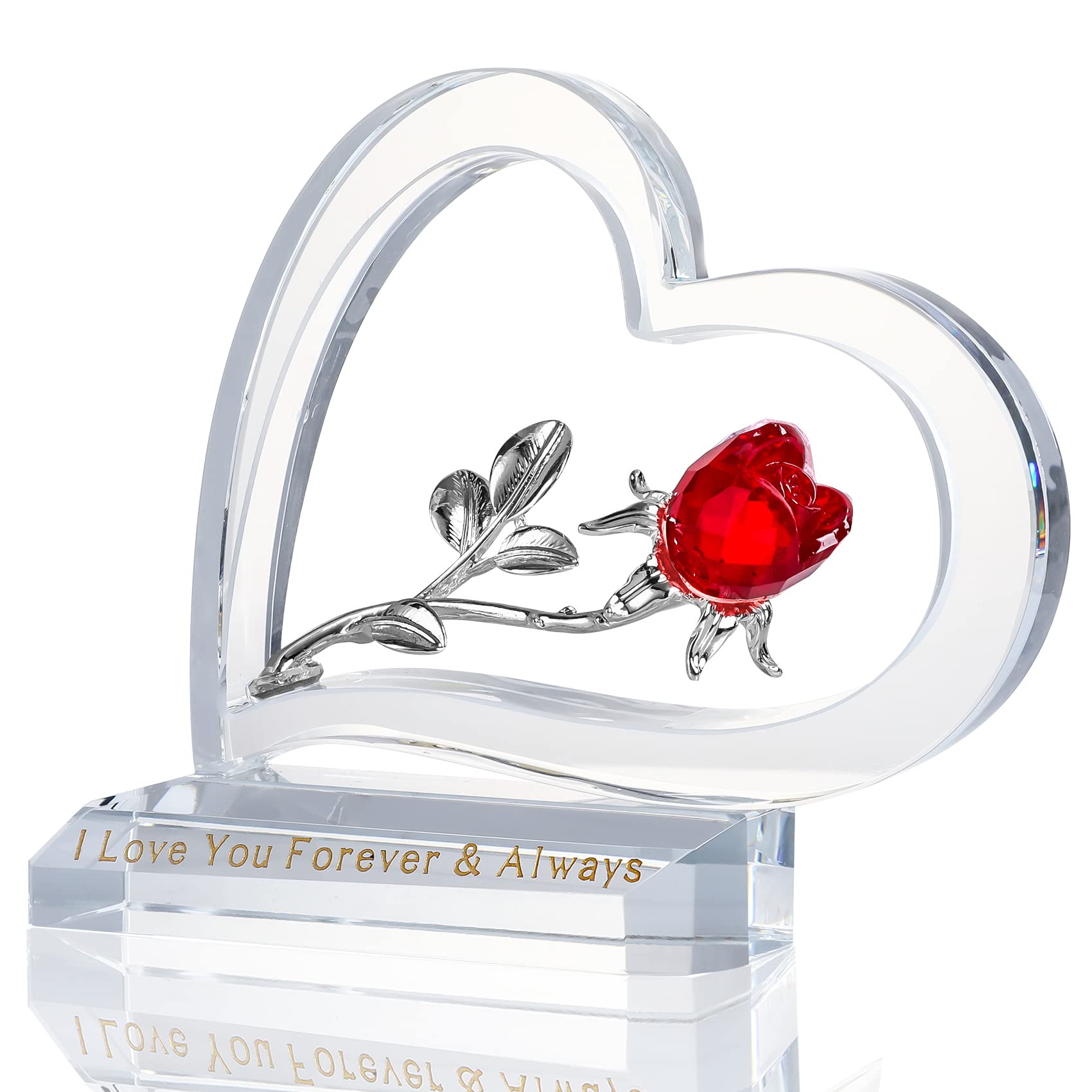 Ornalrist Crystal Red Rose Flower Anniversary Romantic Gifts for Women, I Love You Forever & Always Keepsake Gifts for Girlfriend, Ruby Glass Floral Ornament for Home Wedding Valentines Decor (Red)