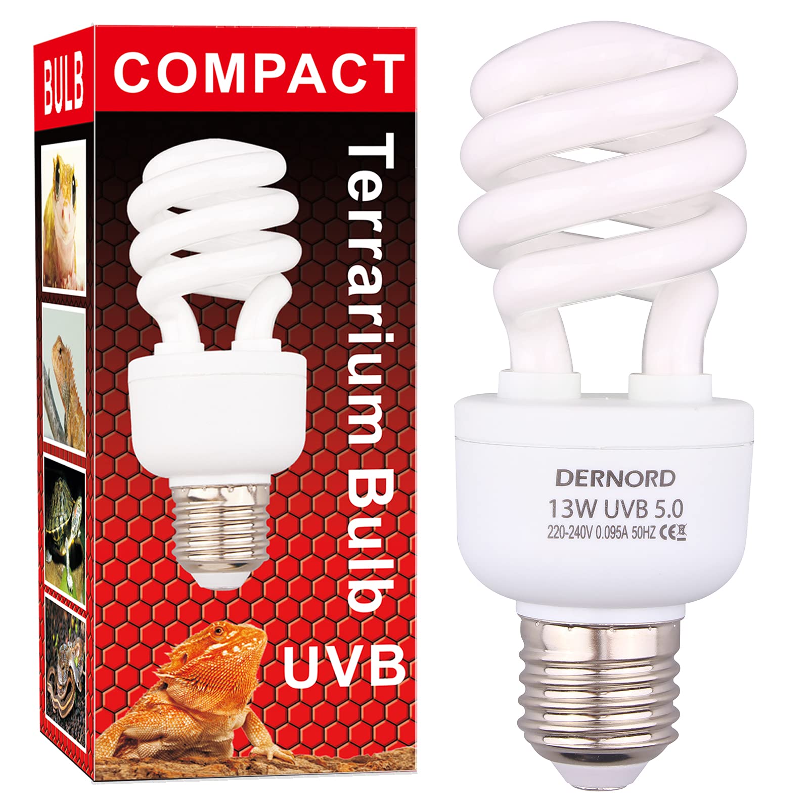 DERNORD UVB Light Reptile Kit - UVA UVB Bulb Tortoise Compact Fluorescent Lamp for Bearded Dragon Vivarium Turtle Tank 5.0 13 Watt
