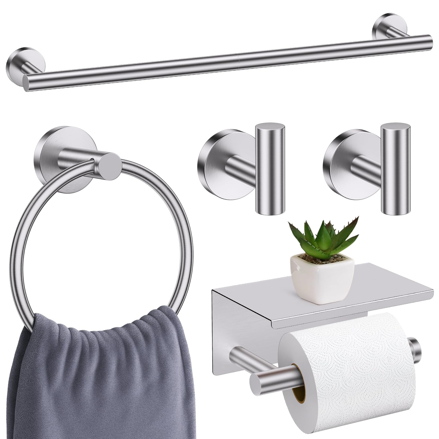 Photo 1 of Brushed Nickel Bathroom Hardware Set, 5 Pieces Towel Bar Bathroom Accessories, Upgraded Toilet Paper Holder with Shelf Set, 23.6 Inch Towel Rack Towel Holder for Bathroom Wall