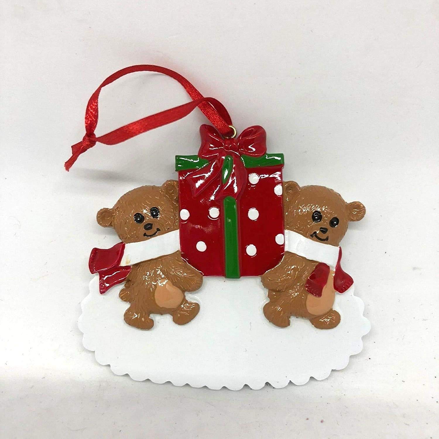 Personalised Resin Christmas Tree Hanging Decorations - Two Bears with present