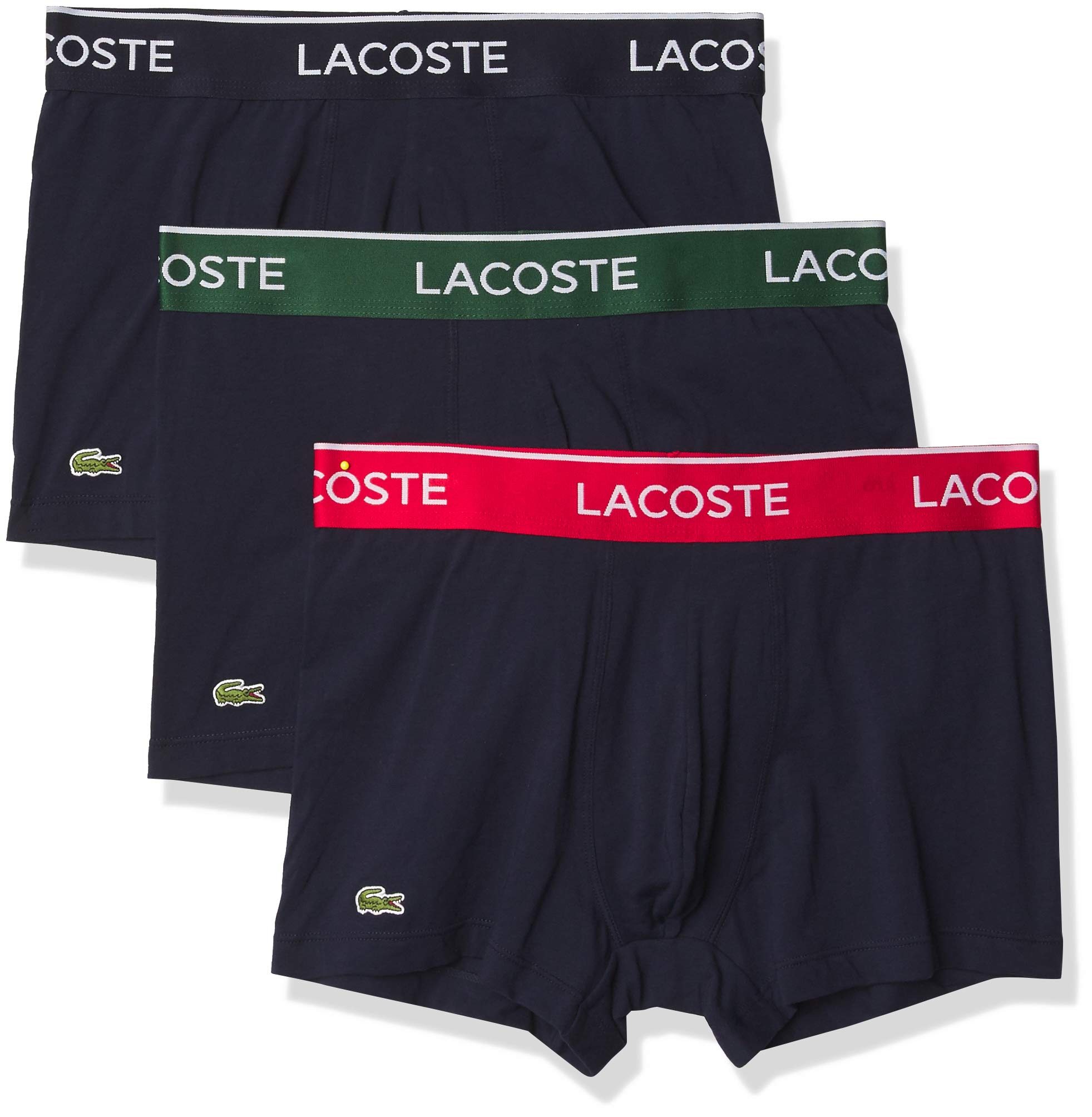 Lacoste Men’s Cotton Stretch Essentials Trunks, 3-pack, Navy With Azure Blue/Green Pepper/Mustard Waistbands (New), X-Small