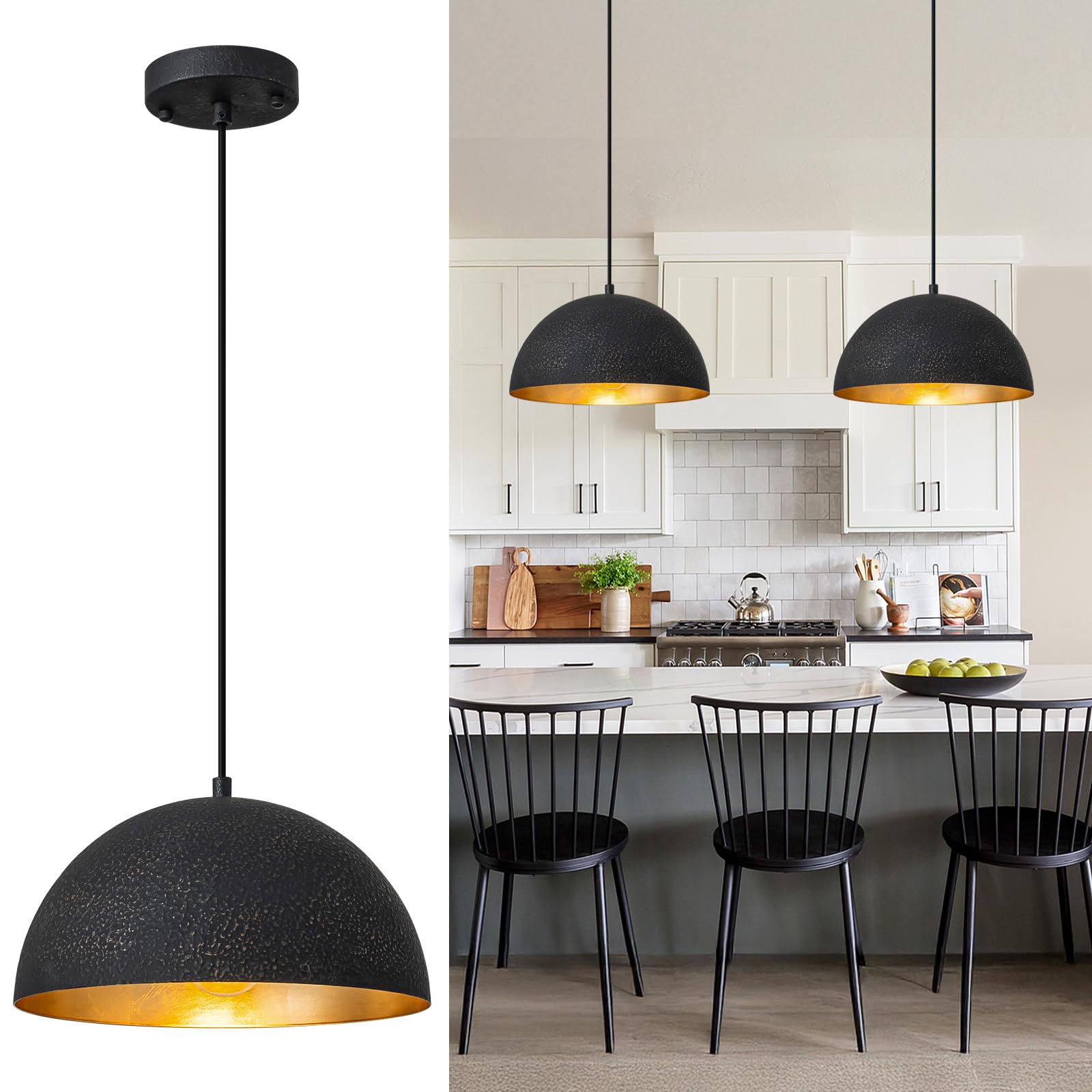Photo 1 of ***(ONLY 1)***Yezgge Farmhouse Pendant Light,11.8" Black with Gold Grain Industrial Dome Chandelier,Adjustable Vintage Pendant Lights Kitchen Island for Dining Room,Bedroom,Hallway