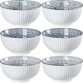 Houlu ceramic rice bowl 30 oz, Japanese bowl set, various tableware for grains, soups, desserts, snacks, fruits, Pack of 6