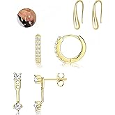 ZRU 3 Pairs Gold Stud Hoop Huggie Earrings Set for Women Men - Cartilage Studs, Small CZ Piercing, 18k Gold Plated - Dainty Trendy Gifts