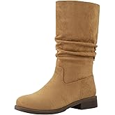 Shoe'N Tale Slouchy Mid Calf Flat Boots for Women Pull On Round Toe Side Zip Fall and Winter Fashion Comfortable Boots