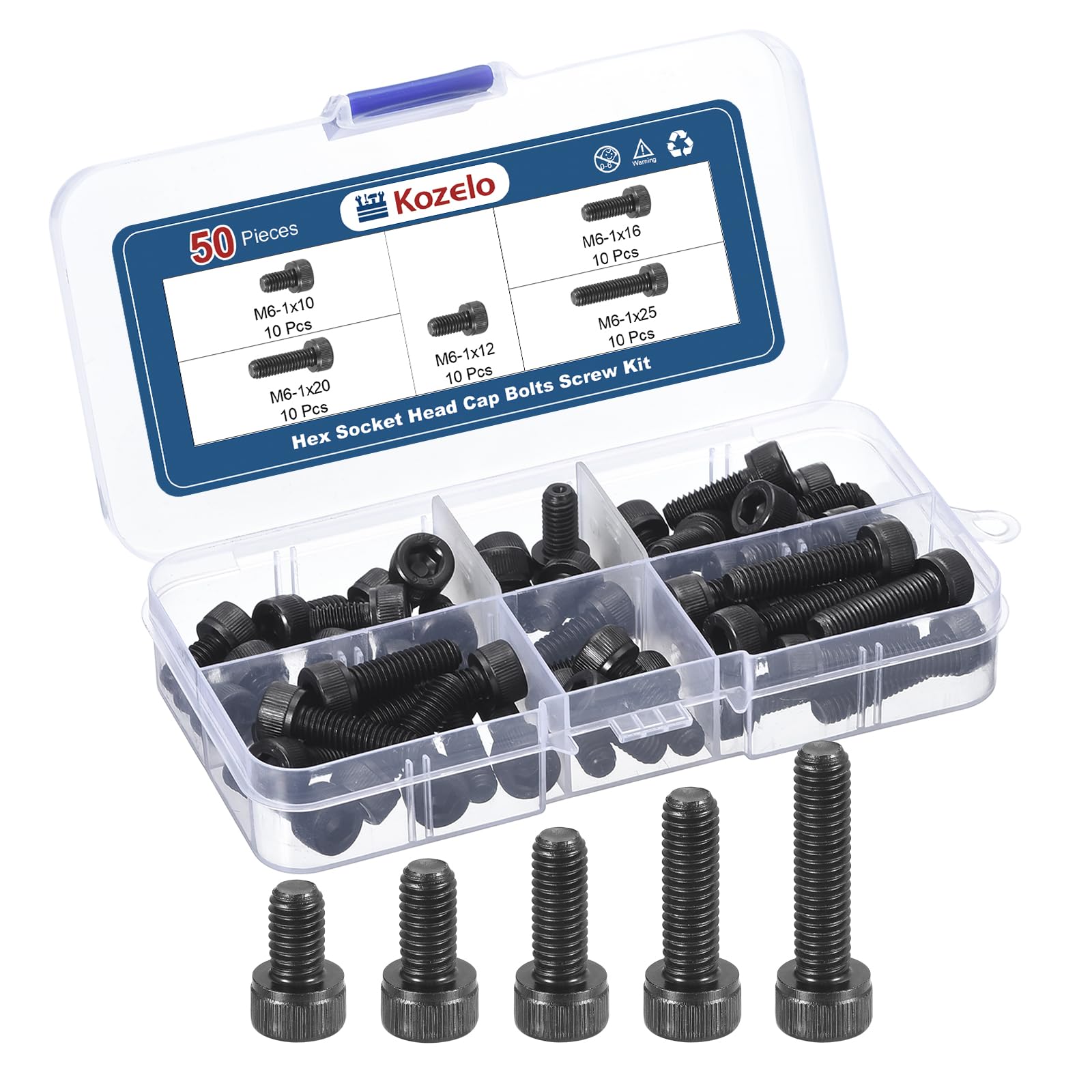 Kozelo 50pcs M6 Socket Head Cap Screws Bolts Nuts Assortment Kit - [M6x10/12/16/20/25mm] Alloy Steel Fully Threaded Black Oxide 12.9 Internal Hex Screw for 3D Printer Use — image 1