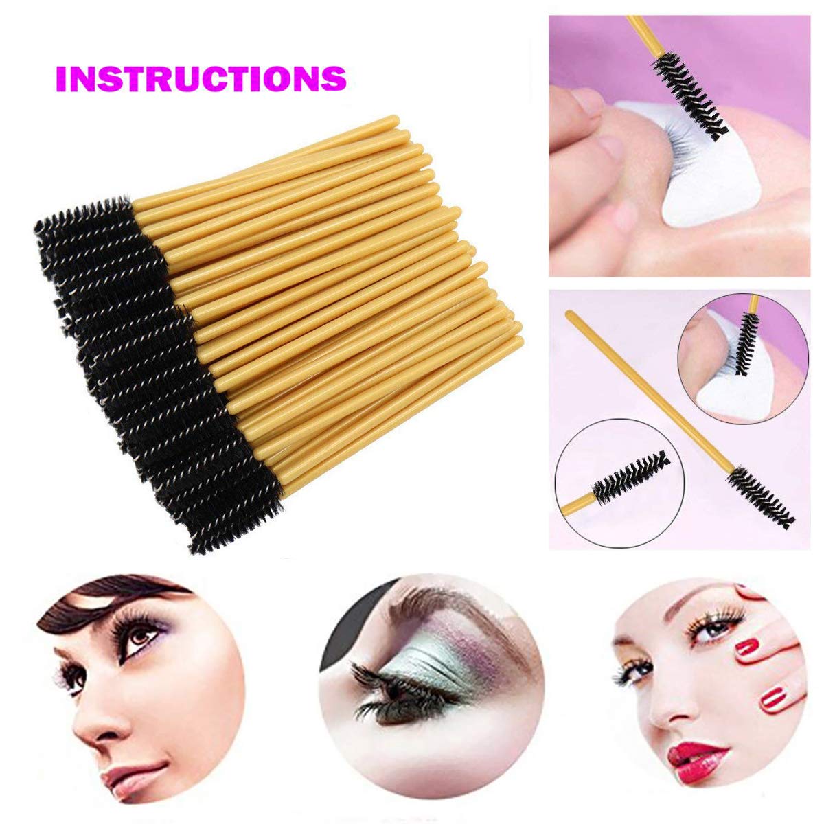 AKStore 100 PCS Disposable Eyelash Brushes Mascara Wands Eye Lash Eyebrow Applicator Cosmetic Makeup Brush Tool Kits (Gold-Black): Beauty