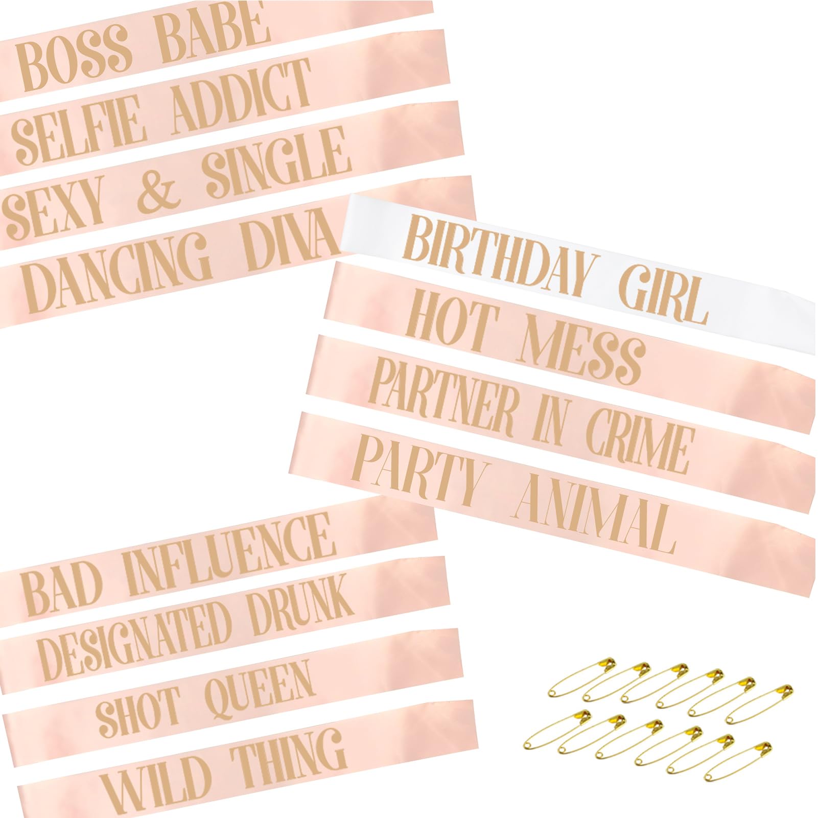 STAY GENT 12Pcs Birthday Sashes for Girls and Women, 1Pcs White Birthday Girl Sash + 11Pcs Rose Gold Satin Sashes for Birthday Gifts Party Favors Decor Supplies