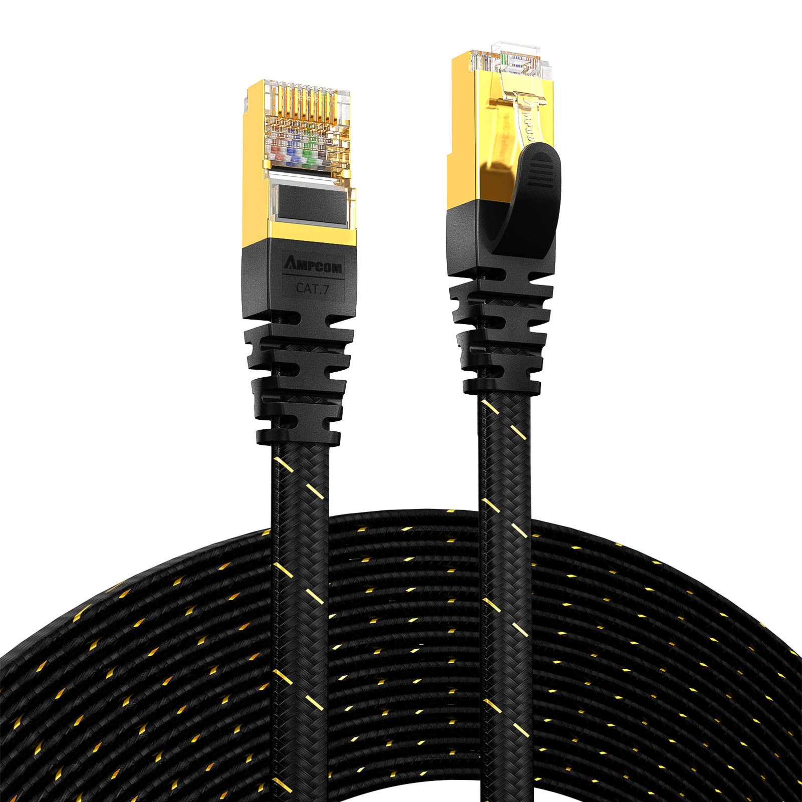 AMPCOM Ethernet Cable 1m, CAT7 10Gbps STP Flat Patch Cord 10 Gigabit Lan Network Cable High Speed - Black - Nylon Braided - Shielded