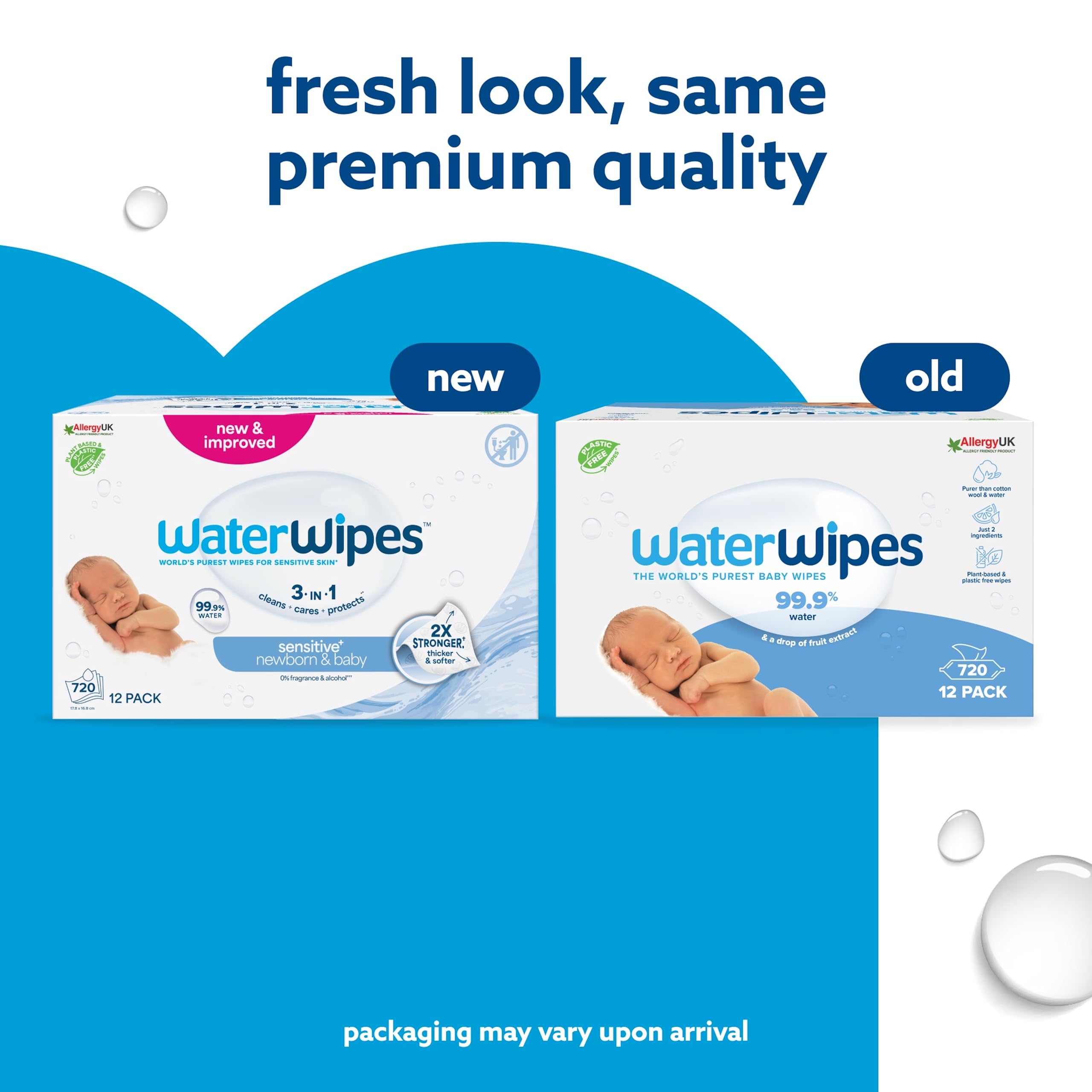 WaterWipes Sensitive+ Newborn & Baby Wipes, 720 Count (12 Packs), 3-In-1 Cleans, Cares, Protects, 99.9% Water, Unscented