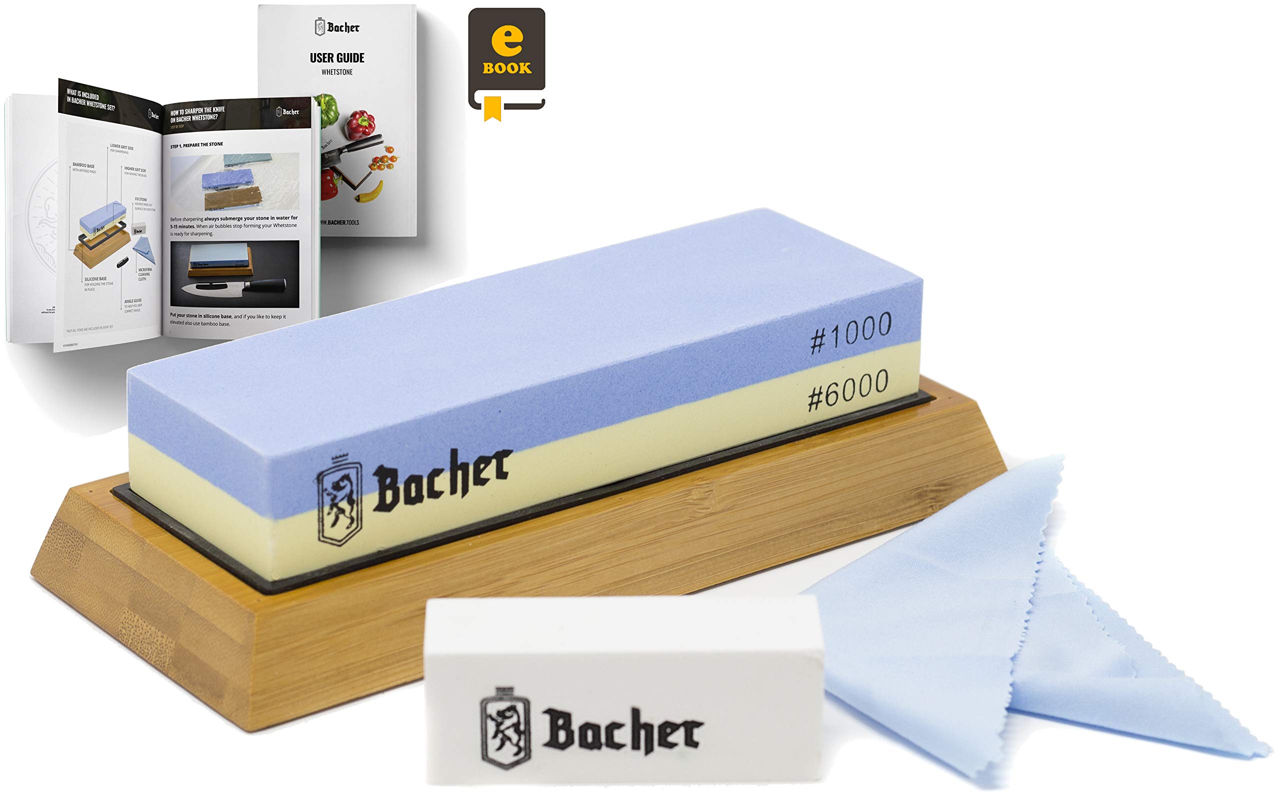 Bacher Premium Sharpening Stone. 2 Side Grit 1000/6000 Whetstone - Knife Sharpener Waterstone with Non-Slip Bamboo Base, Flattening Stone and Detailed eBook Guide