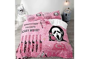 LUVIVIHOME 2PCS Funny Ghost Duvet Cover Twin Bedding Sets, Kids Teen Girls Bedding, Pink Duvet Cover, Gothic Spooky Scary Horror Scream Knife Skull Face Pink Halloween Comforter Cover, 1 Pillow Case