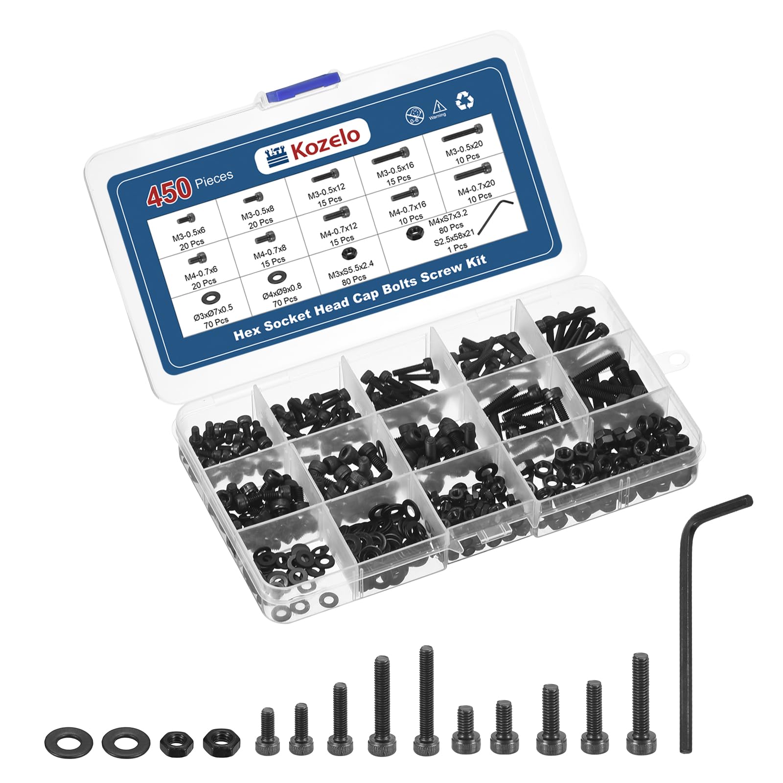 Kozelo 450pcs Socket Head Cap Screws Bolts Nuts Assortment Kit - [M3/M4] Alloy Steel Fully Threaded Black Oxide 12.9 Internal Hex Screw for 3D Printer Use, with Wrench
