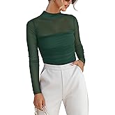 ANRABESS Womens Sexy Mesh Long Sleeve Shirts Trendy Mock Neck Sheer Ruched Going Out Tops Fall Slim Fit Blouses 2025
