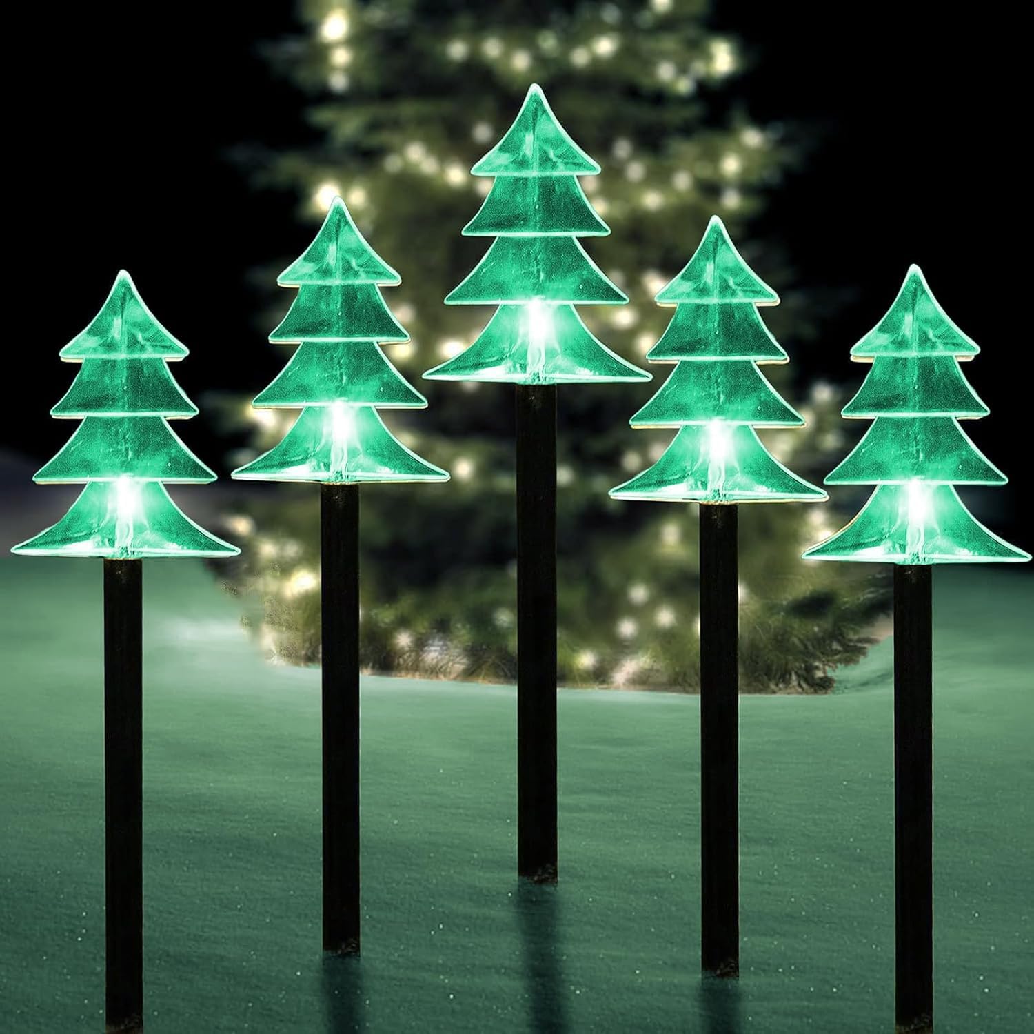 Photo 1 of ILLUMINEW Christmas Solar Pathway Lights, Set of 5 Waterproof Landscape Christmas Lights, Stake Christmas Decorations, LED Lights for Yard Lawn Patio Walkway Decor (5PCS-Green-Tree)