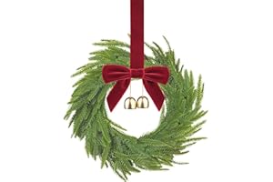MOYIC Mini Christmas Wreath, Small Christmas Norfolk Wreaths, 30 * 30cm Artificial Greenery with Red Velvet Bow and Bell, Xma