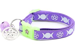 PUGS TO PERSIANS Wicca Cat Collar with Occult Charm & Bell | Witch’s Familiar Cat Collar | Witch Kitten Collar Charms | Glow in The Dark | Safety Breakaway Collar (Small(10lbs & Less), Solid Purple)