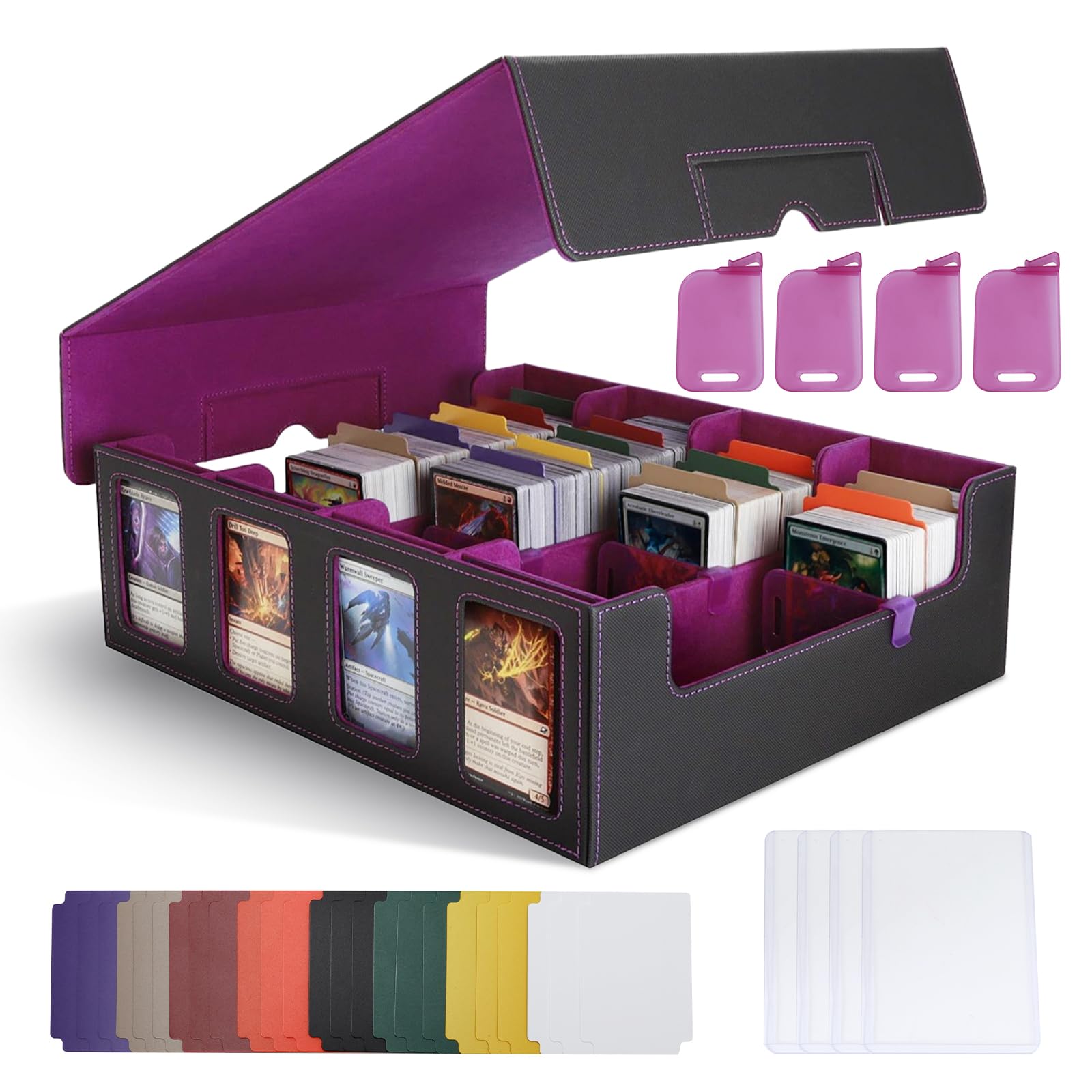 Simcat Trading Card Storage Box with Commander Display Holds 2400+ Cards for Yugioh, TCG, Magic the Gathering, Playing Card Case PU Leather Magnetic Closure (Purple)