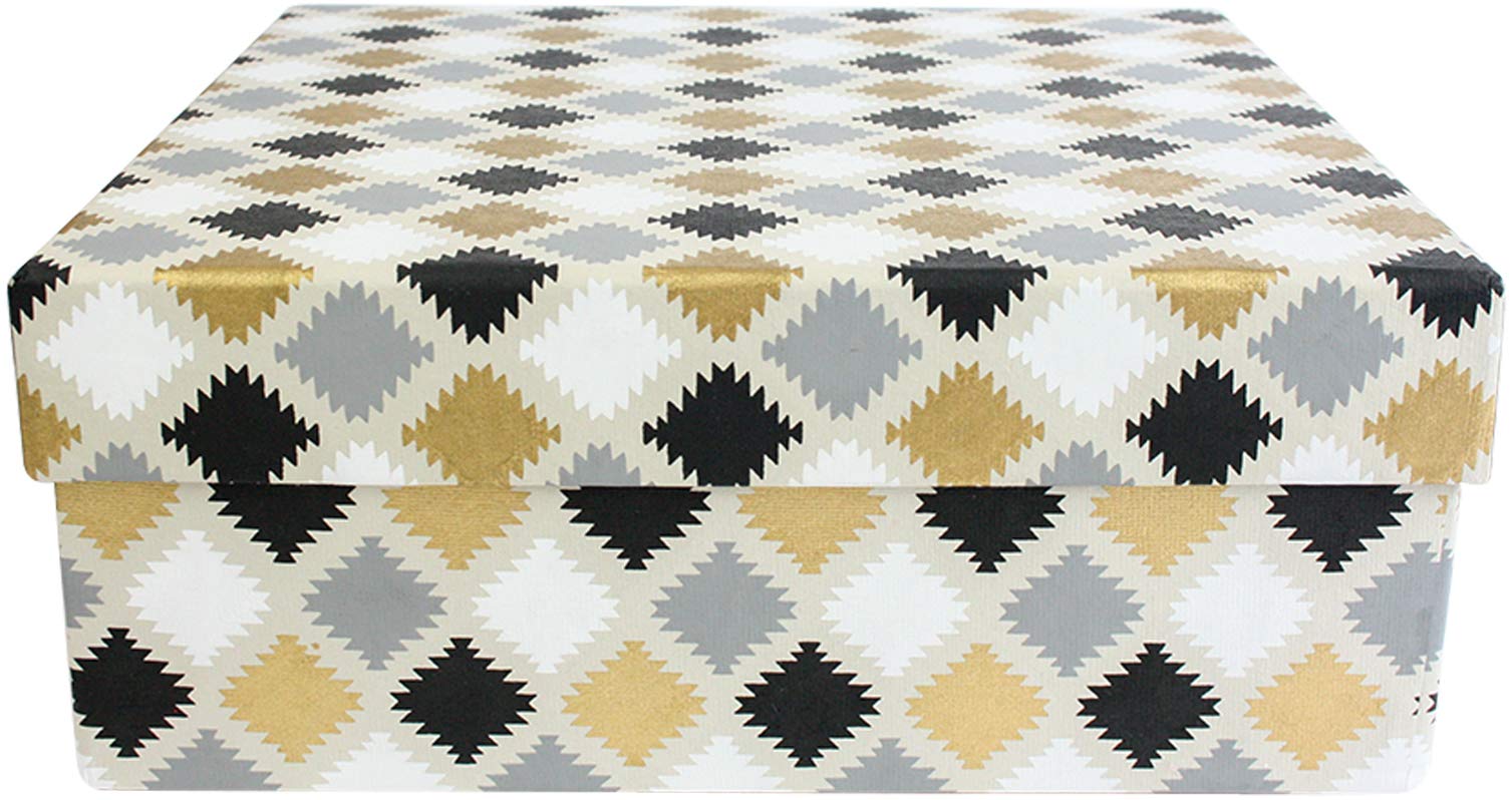 Emartbuy Single Box - Printed Black Gold Rigid Gift Box – 26.5 x 26.5 x 11 cm – Handmade Cotton Paper Presentation Box | Premium Packaging for Hampers, Birthdays, Weddings, Corporate Gifting