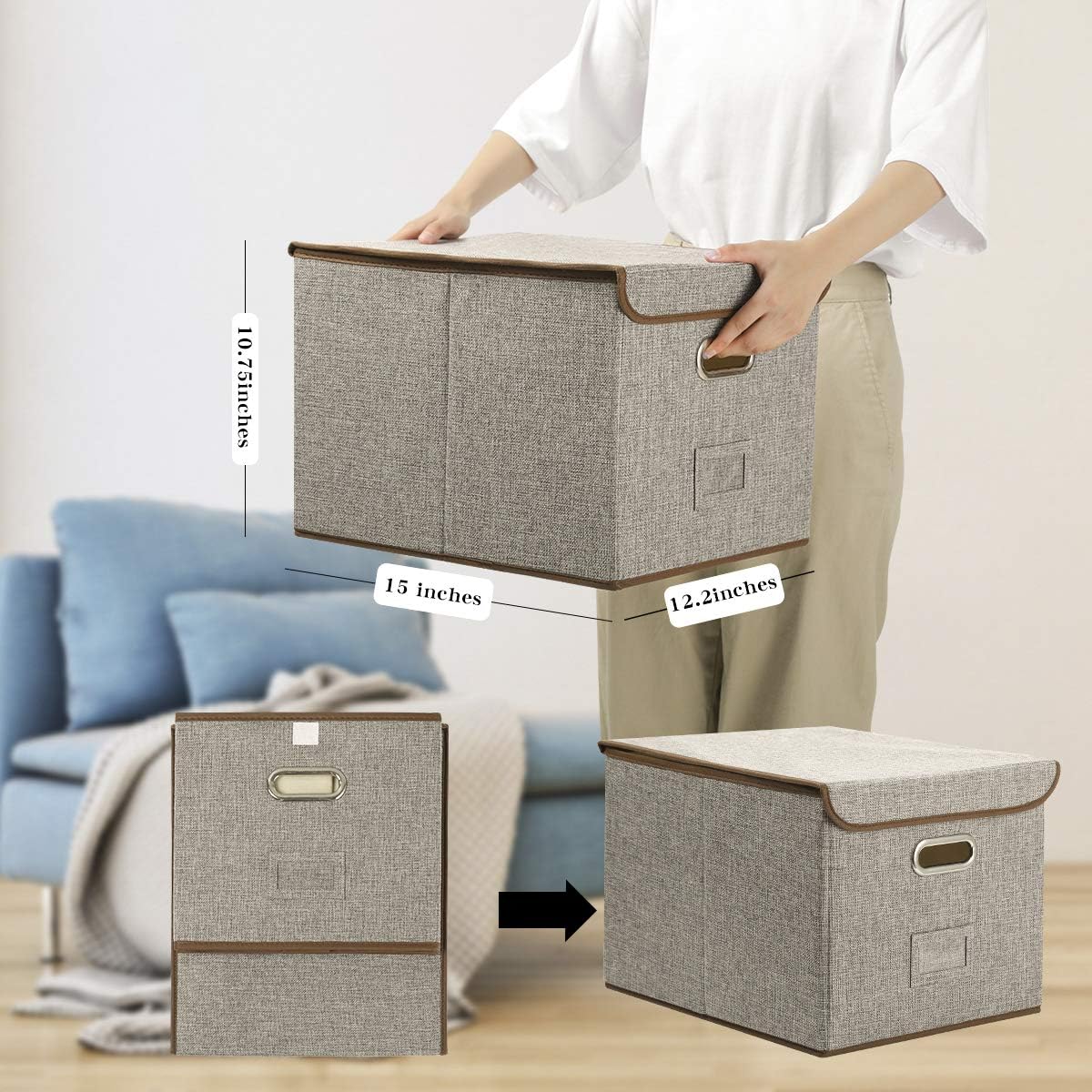 Collapsible File Box with Lid [4-Pack] Decorative Documents Storage Organizer with Linen Filing, Home Office Bin, Letter Size Legal Size(15x13x11) (Grey): Home Improvement