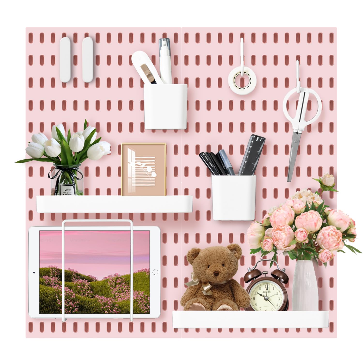 Photo 1 of VUSIGN Pegboard Combination Wall Organizer Kit, 4 Pieces Pegboards and 17 Accessories Modular Hanging, Wall Mount Display Peg Board Panel Kits for Bedroom, Home, Office, Bathroom, 22" x 22", Pink